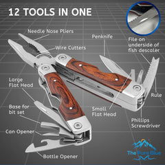 Rosewood Multi Tool, 22 in 1 Tools, Tough Belt Pouch, Needle & General Pliers, Wirecutter, Screwdrivers - Phillips & Flathead, 10 Piece Bit Set, File, 2 Inch Rule, Can Opener, Bottle Opener