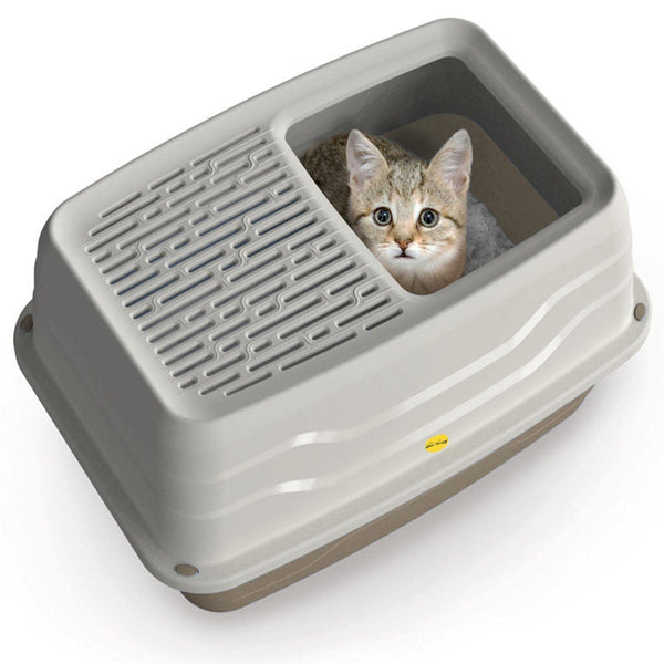 CAT CENTRE Beige Top Entry Litter Tray Extra Deep Covered Dog-Proof Toilet Box Enclosed High-Spraying Cats XL Loo Pan High Sided Anti-Spillage Multi-Pet Households Rounded Corners