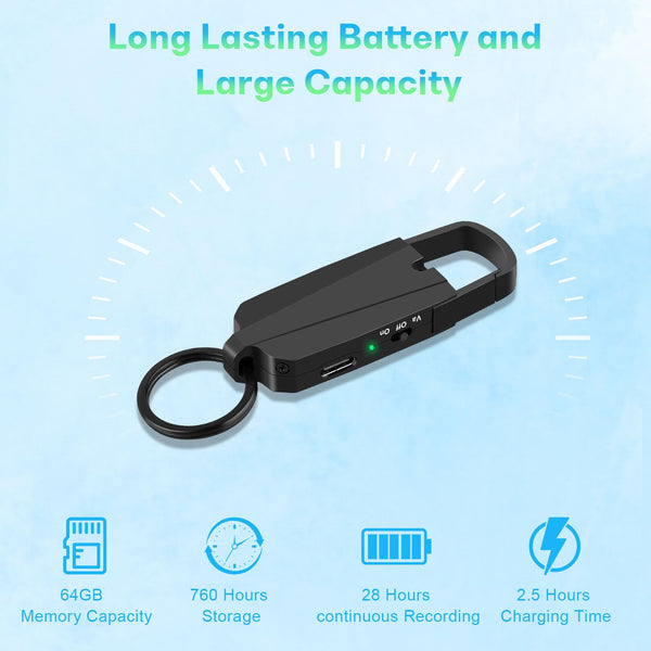 64GB Digital Voice Recorder with Playback - Keychain Voice Activated Recorders Audio Recording Device - 760 Hours Capacity for Lectures Meetings Music