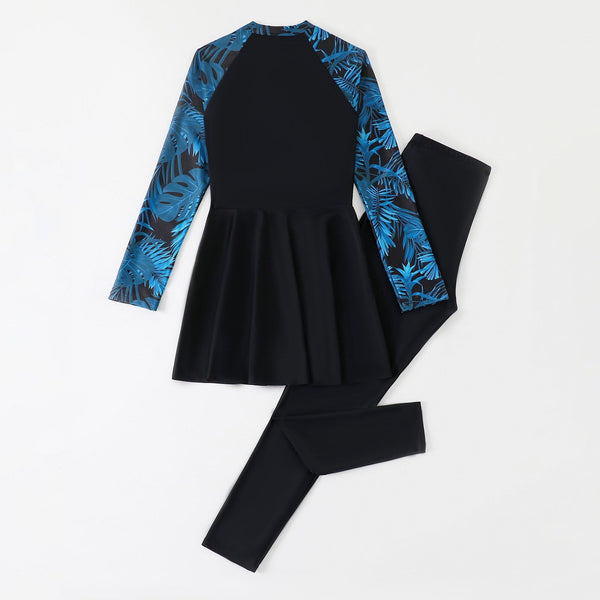 Muslim Swimsuit for Women Two Pieces Modest Swimwear Full Length Tropical Print Long Sleeve Swim Top with Pants Tankini Set Bathing Suit Muslim Swimsuit Modest Swimwear Black
