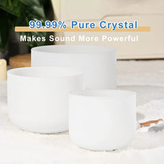CVNC Set of 3 PCS 440HZ 8" A + 10" F + 12" C Frosted Quartz Crystal Singing Bowls with Travel Carry Case Bag for Sound Healing and Meditation