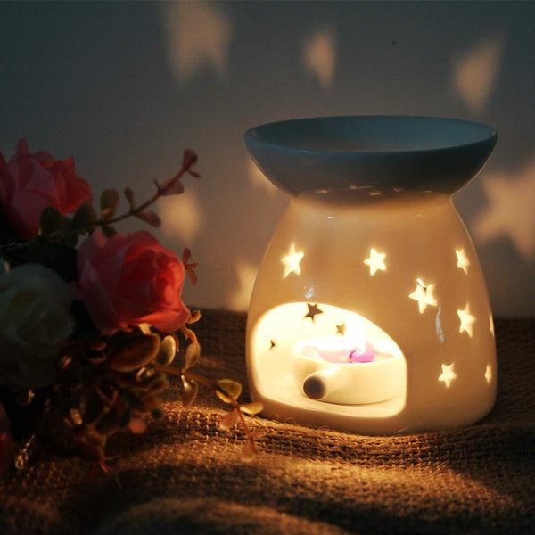 Wax Melt Essential Oil Burner White - Star Pattern, Ceramic Aroma Burners Assorted Wax Warmer Aromatherapy Tarts Holder Candle Scented Diffuser Home Bedroom Decor Christmas Housewarming Gift