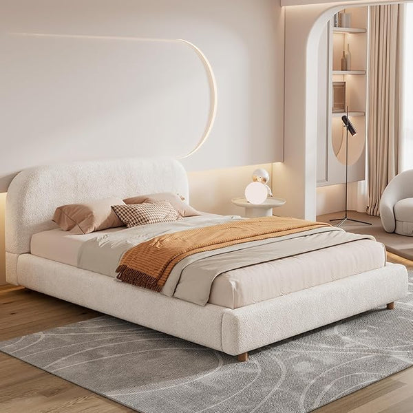 Murphey Ottoman Storage Bed Frame with Arched Headboard, Boucle Upholstered Bed Frame, Round Silhouette Lift-Up Storage Bed with Wooden Slats (BEIGE plush, Super King 6ft with Orthopaedic Mattress)