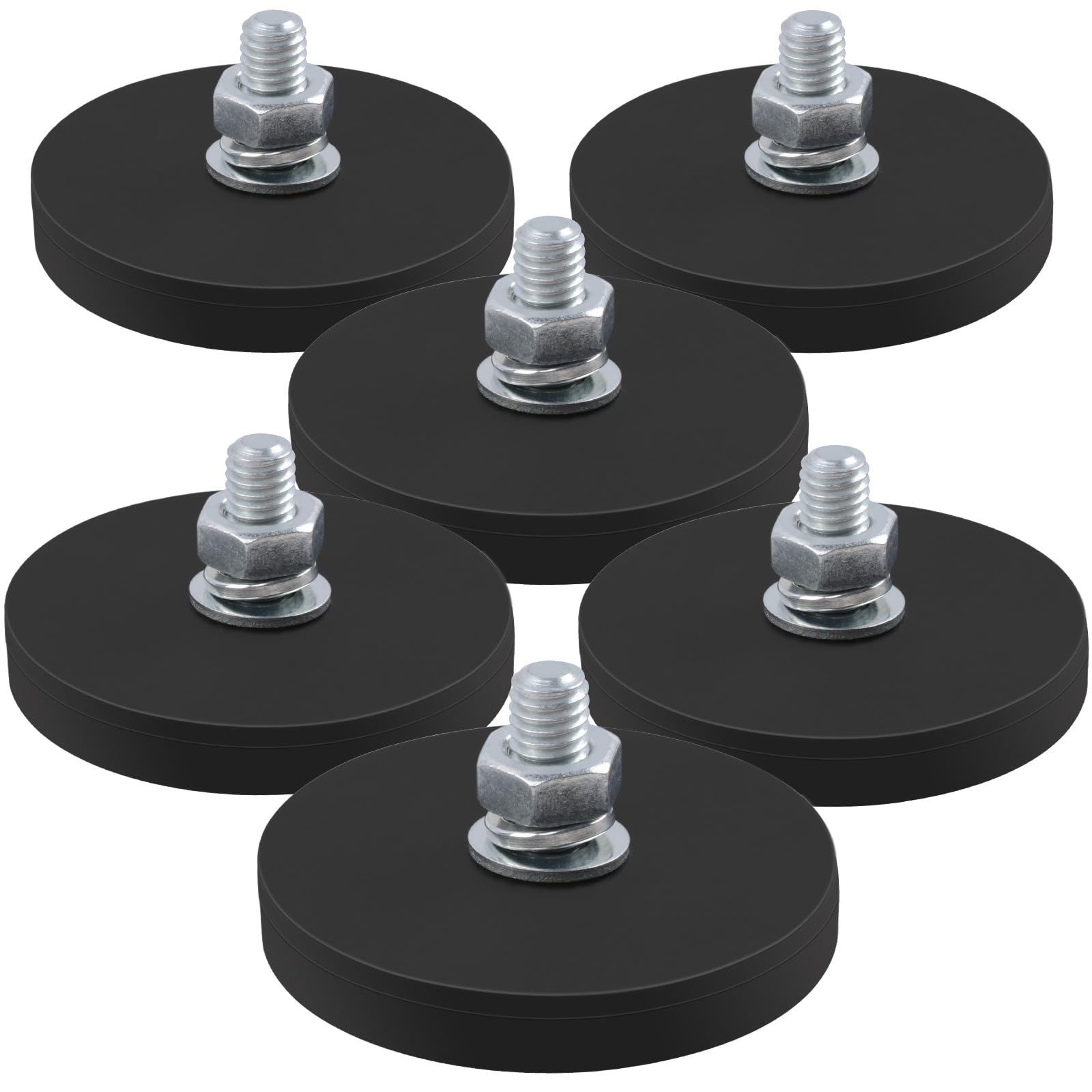 MIN CI 6pcs Rubber Neodymium Round Black Magnets with Thread D43x6mm M6, Strong Magnetic Force 18kg