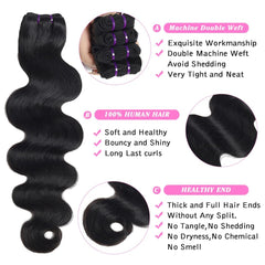 Beauty Queen 16A Body Wave Bundles Human Hair (16 18 20 Inch) 100% Unprocessed Brazilian Virgin Weave 3 Bundles Human Hair Full And Thick Remy Hair Extensions Natural Color for Women