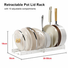 MENGCOOL Expandable Pans Organiser Rack, Pan Lid Storage with 10 Adjustable Dividers, Pot Lid Holder, Kitchen Cupboard Organiser (White)