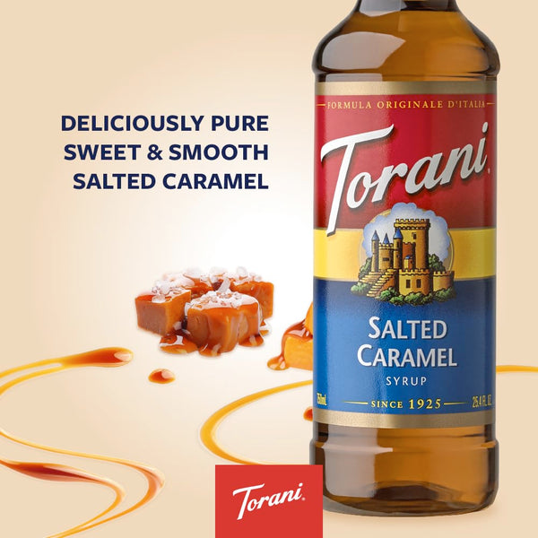 Torani Salted Caramel Coffee Syrup (750ml) - Pure Cane Sugar Coffee Syrups for Lattes, Hot Chocolates, Macchiatos & Dessert Drinks - Sweet & Salty Taste, Vegetarian-Friendly