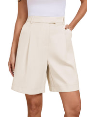 Famulily Women's Solid High Waist Wide Leg Workwear Shorts with Zipper Pocket Knee Length Short Pants Beige L