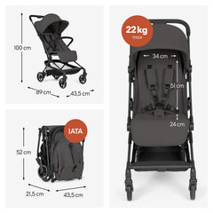 Hauck Lite N Care, Dark Anthracite - Cabin Approved, Ultra Light Carbon Fibre Pushchair (5.5 kg), Compact City & Travel Stroller with Carry Strap, One-Hand Fold, Fully Reclining from Birth to 22 kg