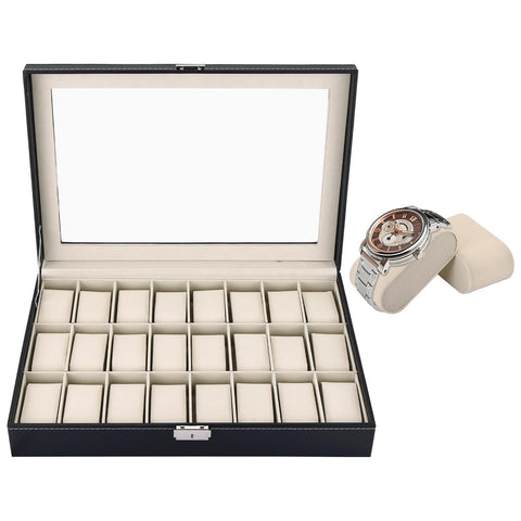 DASBET 24 Slot Watch Box PU Leather Watch Case Watch Display Storage Box with Removable Pillows Jewelry Collection Organizer Gift Idea for Birthday Valentine's Day