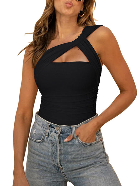 REORIA Womens Sexy One Shoulder Asymmetrical Tank Top Leopard Print Mesh Ruched Sleeveless Backless Trendy Going Out Thong Bodysuits Tops Black X-Small