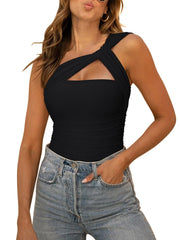 REORIA Womens Sexy One Shoulder Asymmetrical Tank Top Leopard Print Mesh Ruched Sleeveless Backless Trendy Going Out Thong Bodysuits Tops Black X-Small