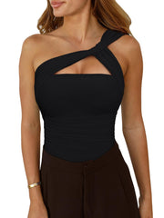 REORIA Womens Sexy One Shoulder Asymmetrical Tank Top Leopard Print Mesh Ruched Sleeveless Backless Trendy Going Out Thong Bodysuits Tops Black X-Small