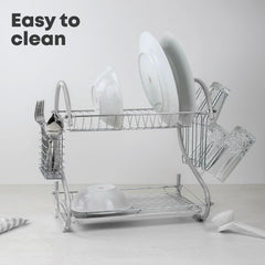 SQ Professional Dish Drainer | 2 Tier Aluminium dish drying rack | Dish Drainer with Detachable Plastic drip tray |Utensil and Cup Holder |Dish rack for Kitchen Countertop (Silver)