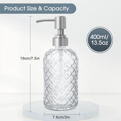 Topsky Glass Soap Dispenser with Siliver Metal Pump - 400ml Liquid Hand Soap Dispenser - Rustproof Pump for Kitchen & Bathroom, Great for Lotions, Essential Oil, Liquid Soaps Transparent
