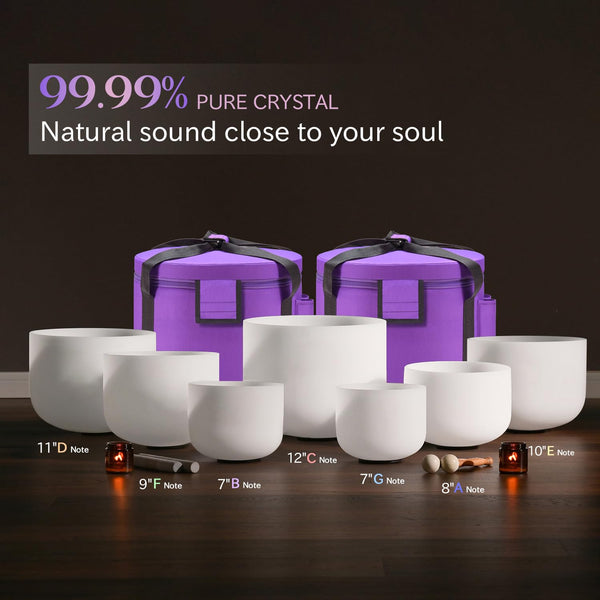 CVNC 432HZ 7-12 Inch Set of 7 Pcs Frosted Quartz Crystal Singing Bowls Set with 2 Pcs Carry Case Bags for Sound Healing Meditation