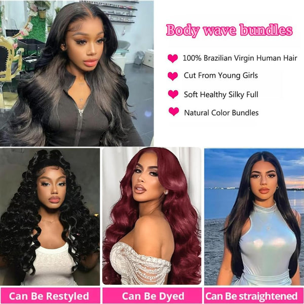 Body Wave Human Hair Bundles 16 18 20 Inch 3 Bundles 12A 100% Unprocessed Brazilian Virgin Body Wave Bundles Human Hair Extensions Quick Weave Bundles Natural Black Color