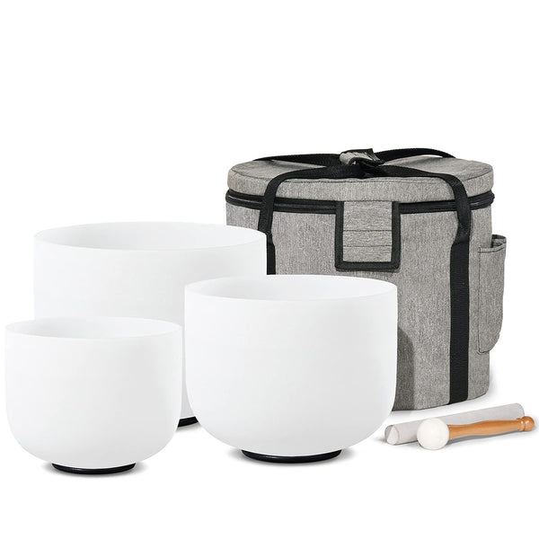 CVNC Set of 3 PCS 440HZ 8" A + 10" F + 12" C Frosted Quartz Crystal Singing Bowls with Travel Carry Case Bag for Sound Healing and Meditation