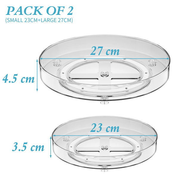 QIZENME Lazy Susan Turntable Cupboard Organiser, 2 Pcs Rotating Spice Rack Clear Cosmetic Makeup Organiser Spinning Kitchen Organiser for Cabinet, Pantry, Fridge, Countertop 23CM+27CM