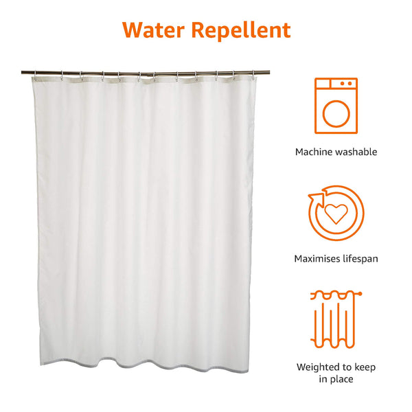 Amazon Basics Shower Curtain, Water and Mould Resistant Fabric Bathroom Curtain with Grommets & Hooks, Machine Washable, 180 x 180 cm, White