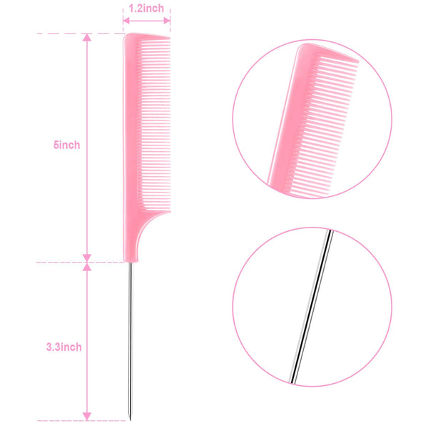 JANYUN 3 Pcs Rat Tail Combs Salon Hairdressing Comb with Stainless Steel Handle, Fine Tooth Combs for Women, Barber