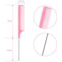 JANYUN 3 Pcs Rat Tail Combs Salon Hairdressing Comb with Stainless Steel Handle, Fine Tooth Combs for Women, Barber