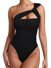 REORIA Womens Sexy One Shoulder Asymmetrical Tank Top Leopard Print Mesh Ruched Sleeveless Backless Trendy Going Out Thong Bodysuits Tops Black X-Small