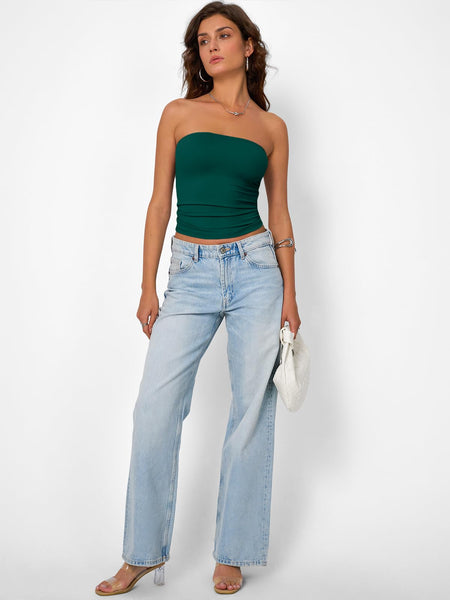 Trendy Queen Womens Strapless Tube Tops Basic Backless Sleeveless Bandeau Going Out Crop Tops Cute 2025 Summer Clothes Dark Green XS