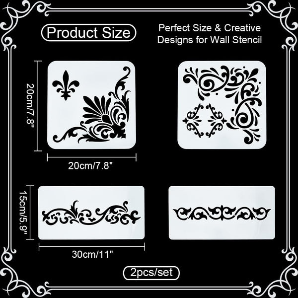INFUNLY 4PCS Corner Stencils for Painting Flower Border Wall Stencil Large Square Lace Tile Stencil Corner Furniture Stencils Reusable DIY Art Craft Template for Wood Walls Canvas Paper Fabric Floor
