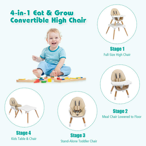 COSTWAY 4 in 1 Convertible High Chair, Multi-Functional Dining Highchair with Adjustable Legs, Detachable 4-Position Tray, 5-Point Seat Belt, Wooden Feeding Chair for Baby, Infants, Toddlers (Khaki)