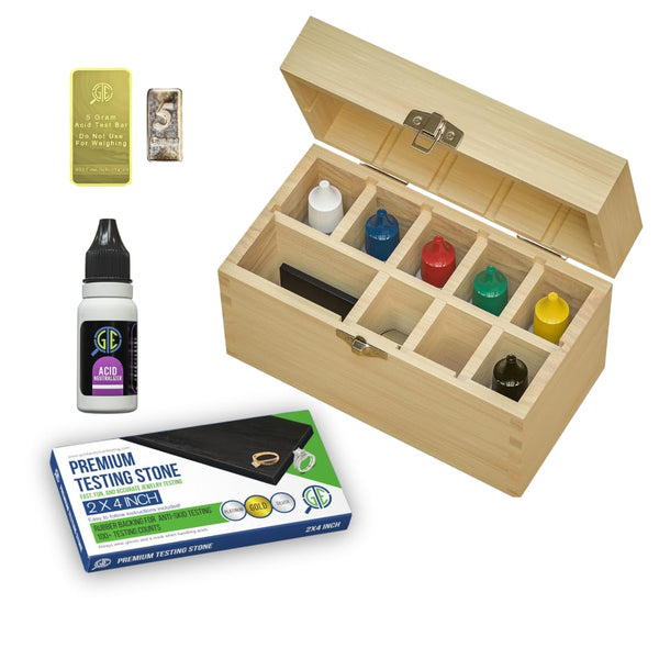 Gold Silver Platinum Jewelry Testing Kit 6 JSP Solutions 10K 14K 18K 22K 24K Silver, Platinum Large Test Stone Neutralizer & Bamboo Box Precious Metal Test Bars