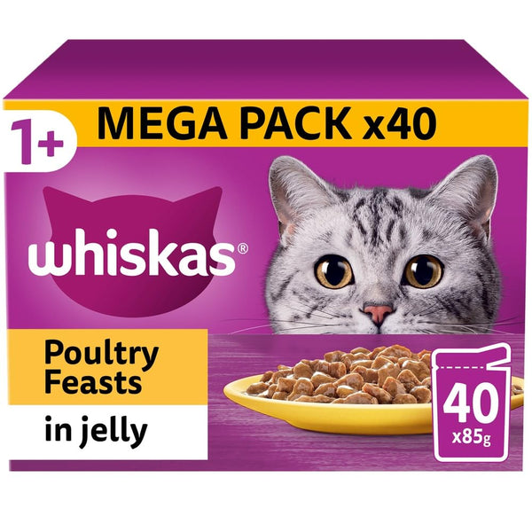 Whiskas 1+ Adult Poultry Selection in Jelly 40 Pouches, Adult Wet Cat Food, Megapack (40 x 85 g)