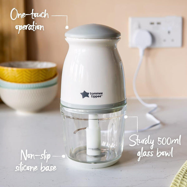 Tommee Tippee Quick-Chop Mini Baby Food Blender and Chopper for all Stages of Weaning, Durable Glass Bowl and Stainless Steel Blades, 500ml Capacity, 200W Motor, White and Clear, 1.0 count (447851)