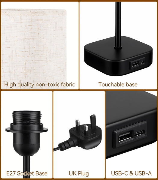 Table-Lamp-Bedside-Touch-Control-Dimmable-Charging-Rechargeable USB A+C Charger Ports 3-Way Dimmer Linen Fabric Shade Lamps LED Tables Lampe Reading Night Modern Lights Bedroom Living Bed Side Lounge