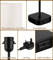 Table-Lamp-Bedside-Touch-Control-Dimmable-Charging-Rechargeable USB A+C Charger Ports 3-Way Dimmer Linen Fabric Shade Lamps LED Tables Lampe Reading Night Modern Lights Bedroom Living Bed Side Lounge
