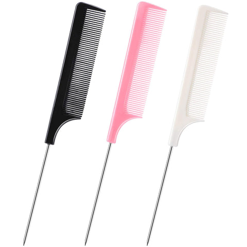 JANYUN 3 Pcs Rat Tail Combs Salon Hairdressing Comb with Stainless Steel Handle, Fine Tooth Combs for Women, Barber
