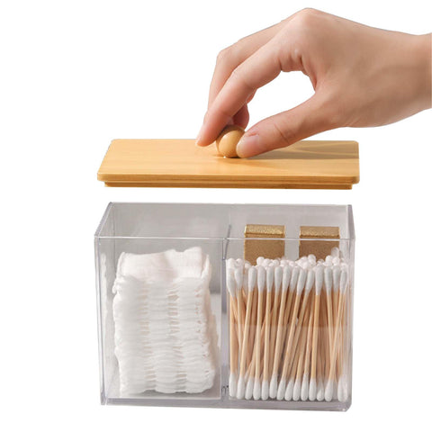 SVOCK Clear Acrylic Cotton Wool Holder 3 Compartment Cotton Bud Holder with Wood Lid, Qtips Holder Dispenser Bathroom Jars with Lid, bathroom essentials Square-Shaped (Clear)