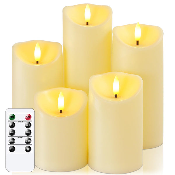 Wroxipel Flameless Flickering Ivory Plastic Pillar LED Candles with 10 Keys Remote, Battery Operated 3D Wick Automatic Timer (7,5cm x10 12,5 15 17,5 20cm)