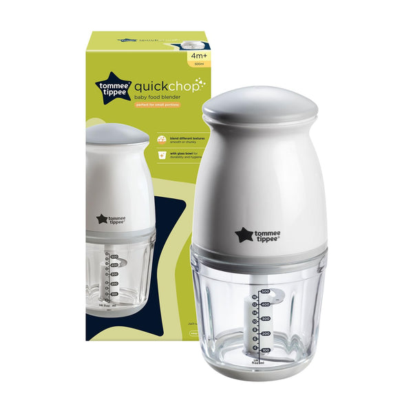 Tommee Tippee Quick-Chop Mini Baby Food Blender and Chopper for all Stages of Weaning, Durable Glass Bowl and Stainless Steel Blades, 500ml Capacity, 200W Motor, White and Clear, 1.0 count (447851)