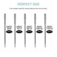 Sewing Machine Needles, 50 PCS Universal Sewing Machine Needle, Compatible with Singer, Brother, Janome, Varmax, Sizes HAX1 65/9, 75/11, 90/14, 100/16, 110/18 (50 PCS)