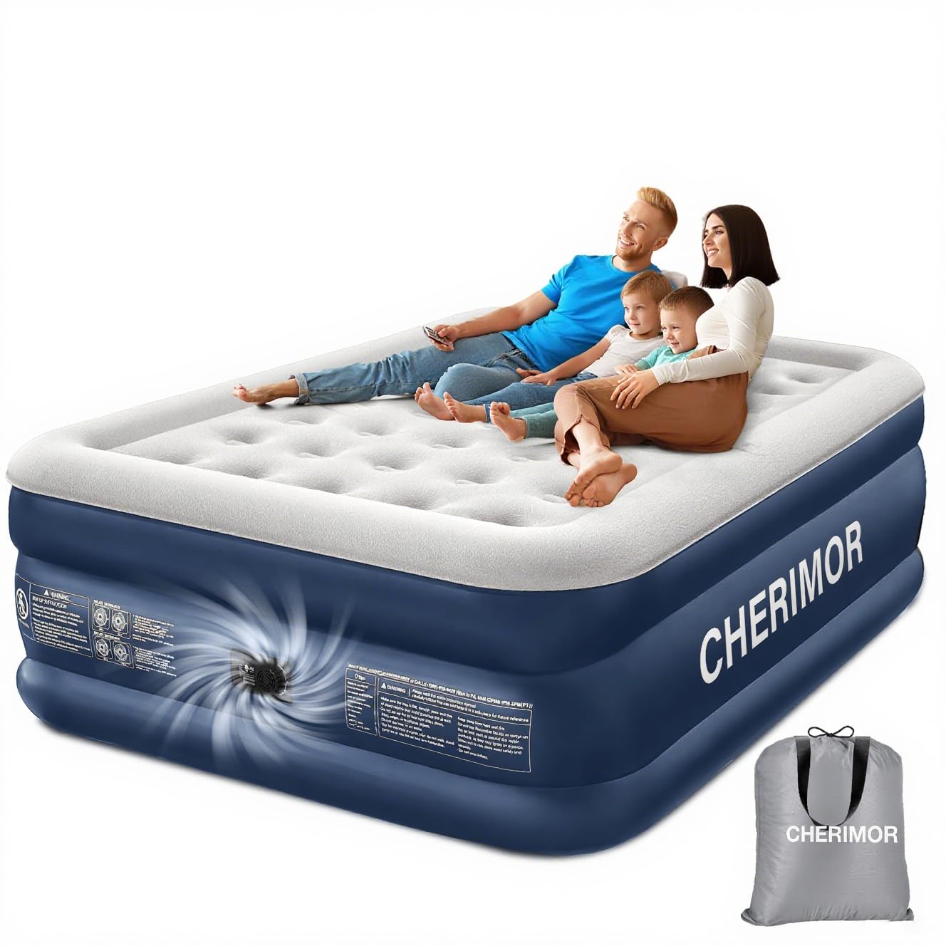 CHERIMOR Queen Air Bed, Anti-Leak Inflatable Mattress with Built-in Pump, 3 Mins Self-Inflation, 800 lbs Capacity Blow Up Camping Bed, Flocked Surface Inflatable Bed for Guests & Home, 203x152x46cm