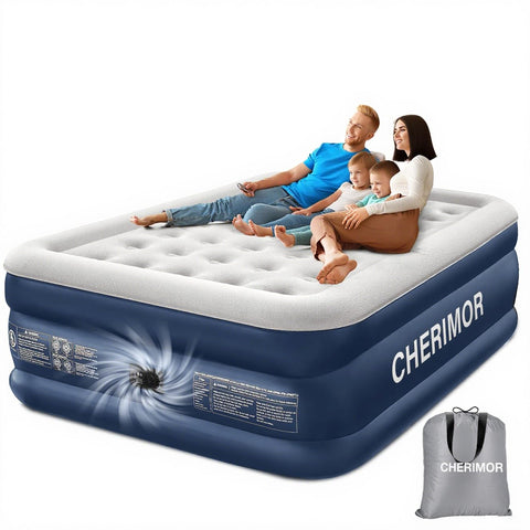 CHERIMOR Queen Air Bed, Anti-Leak Inflatable Mattress with Built-in Pump, 3 Mins Self-Inflation, 800 lbs Capacity Blow Up Camping Bed, Flocked Surface Inflatable Bed for Guests & Home, 203x152x46cm