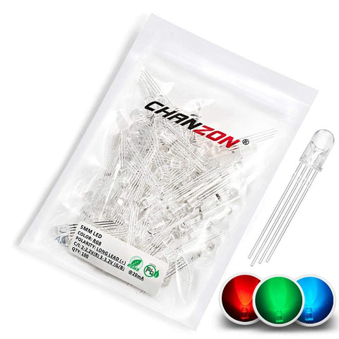 Chanzon 100 pcs 5mm RGB LED Diode Lights Tricolor (Multicolor Red Green Blue 4 pin Common Anode Clear DC 20mA/Color) Super Bright Lighting Bulb Lamps Electronics Components Light Emitting Diodes