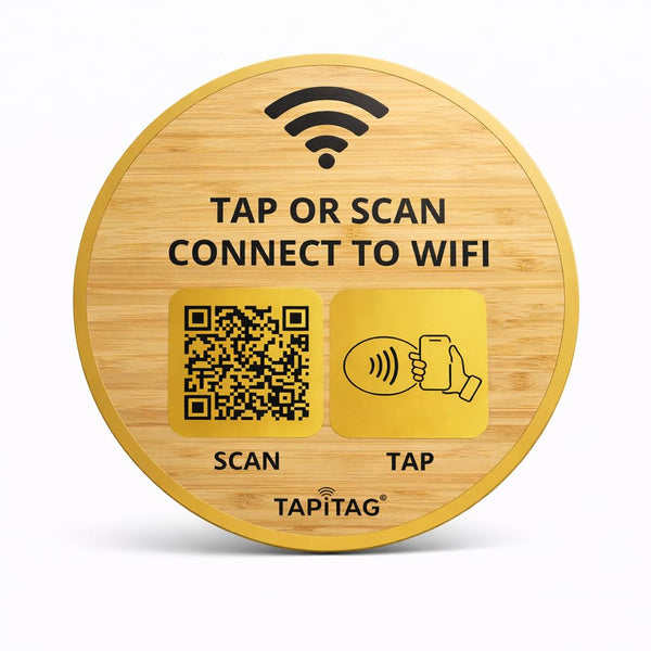 TAPiTAG Bamboo WiFi Porter – NFC Tap & QR Code WiFi Sign | Connect to WiFi in Seconds | No App Required | No Subscription | Custom Landing Page | Café, Airbnb, Hotel & Office (70mm)
