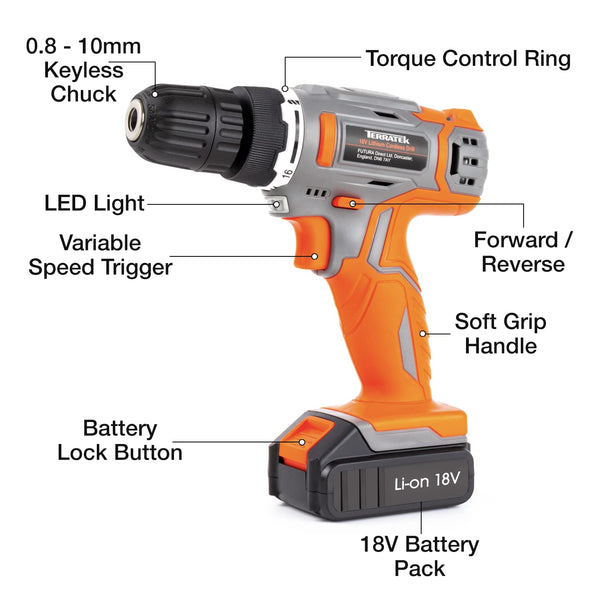Terratek Cordless Drill Driver 18V Lithium-Ion, 13Pc Electric Screwdriver Set, LED Work Light, Electric Drill Quick Change Power Drill Battery and Charger Included