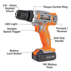 Terratek Cordless Drill Driver 18V Lithium-Ion, 13Pc Electric Screwdriver Set, LED Work Light, Electric Drill Quick Change Power Drill Battery and Charger Included