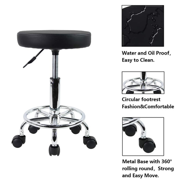 KKTONER PU Leather Round Rolling Stool with Foot Rest Swivel Height Adjustment Spa Drafting Salon Tattoo Work Office Massage Stools Task Chair Small (Black)