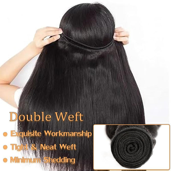 Straight Brazilian Virgin Human Hair Weave 3 Bundles Silky Straight 12A Grade Unprocessed Human Hair Extensions For Black Women Natural Black 100g/pc (Straight Hair Bundles, 10 12 14 Inch)
