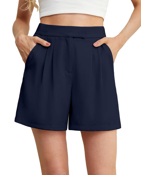 ladies dress shorts uk HDE Womens Pull On Dress Shorts 3" Inseam with Pockets High Waisted Chino Dressy Pleated Summer Stretchy Elastic Waist Shorts Black - S