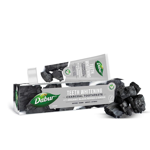 Dabur Charcoal Organic Toothpaste - 100ml | for Teeth Whitening, Brighter Smile & Healthy Gums | Natural Oral Care with Blend of Black Pepper & Ginger Extracts
